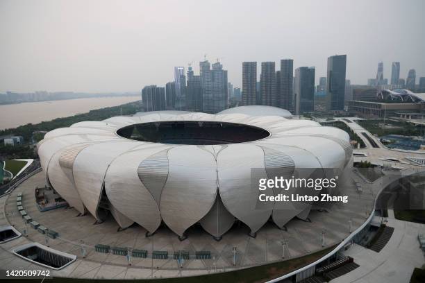General view Hangzhou Olympic Sports Center Stadium on September 03, 2022 in Hangzhou, China. The 2022 Asian Games have been postponed for one year...