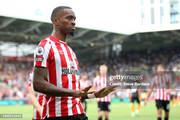 Ivan Toney of Brentford celebrates scoring their side's third goal during the Premier League match between Brentford FC and Leeds United at Brentford...