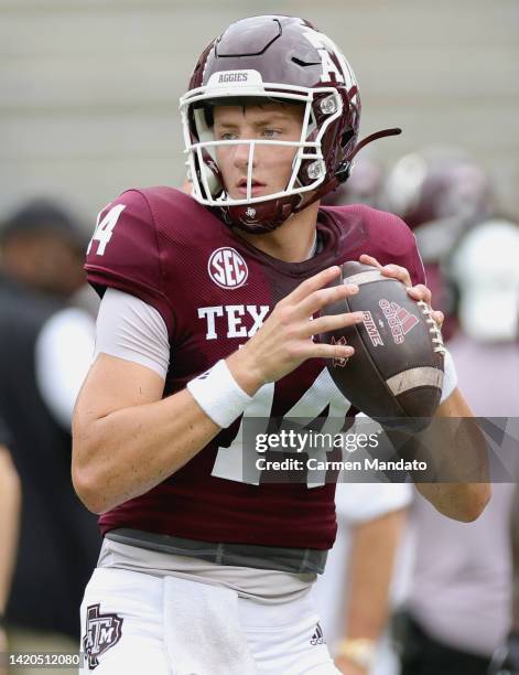 Max Johnson of the Texas A&M Aggies warms up prior to facing the Sam Houston State Bearkats at Kyle Field on September 03, 2022 in College Station,...