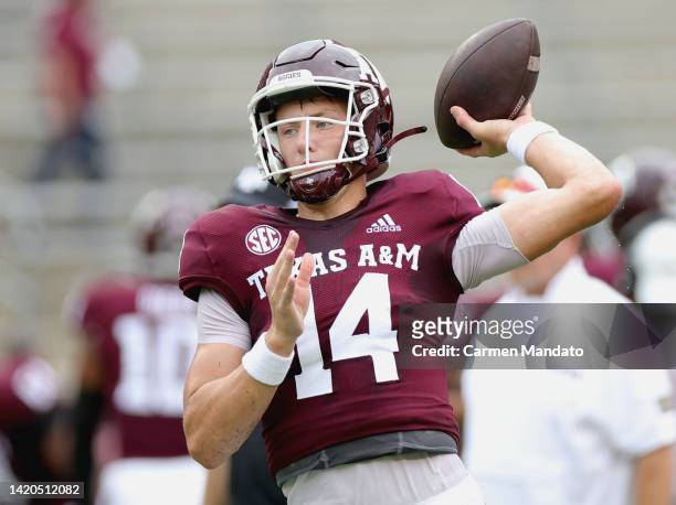 Max Johnson of the Texas A&M Aggies warms up prior to facing the Sam Houston State Bearkats at Kyle Field on September 03, 2022 in College Station,...