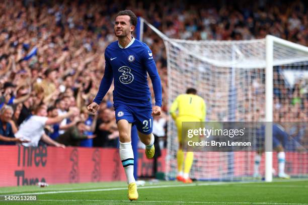 Ben Chilwell of Chelsea celebrates after scoring their team's first goal during the Premier League match between Chelsea FC and West Ham United at...