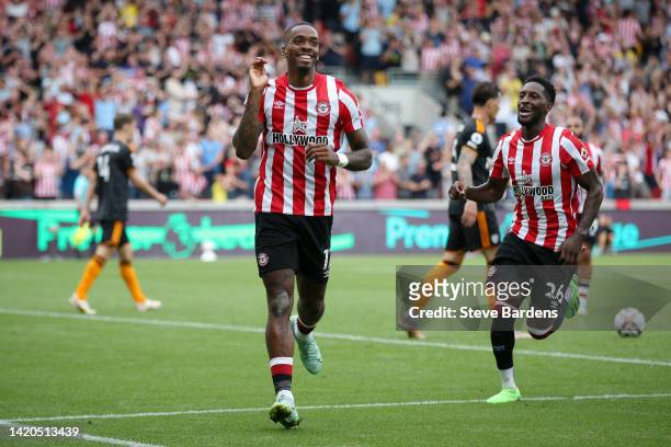 Ivan Toney of Brentford celebrates scoring their side's third goal during the Premier League match between Brentford FC and Leeds United at Brentford...