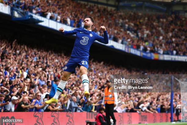 Ben Chilwell of Chelsea celebrates after scoring their team's first goal during the Premier League match between Chelsea FC and West Ham United at...