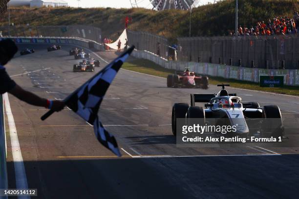 Race winner Marcus Armstrong of New Zealand and Hitech Grand Prix takes the chequered flag during the Round 12:Zandvoort Sprint race of the Formula 2...