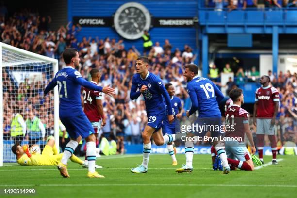 Kai Havertz of Chelsea celebrates after scoring their team's second goal during the Premier League match between Chelsea FC and West Ham United at...