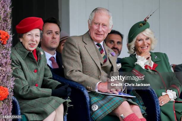 Anne, Princess Royal, Prince Charles, Prince of Wales, known as the Duke of Rothesay when in Scotland and Camilla, Duchess of Cornwall laughing...