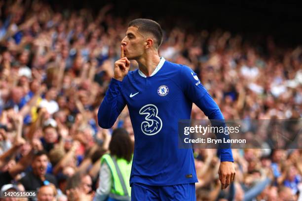 Kai Havertz of Chelsea celebrates after scoring their team's second goal during the Premier League match between Chelsea FC and West Ham United at...