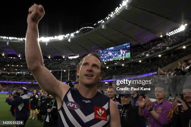 David Mundy of the Dockers walks from the field after winning the AFL First Elimination Final match between the Fremantle Dockers and the Western...