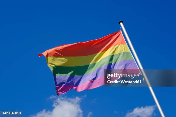 rainbow flag fluttering against sky - flagpole stock-fotos und bilder