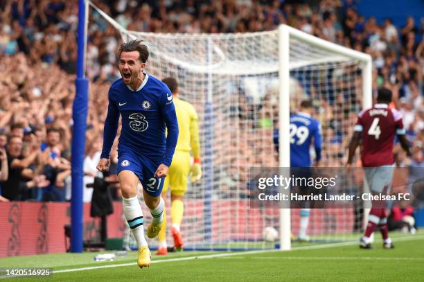 Ben Chilwell of Chelsea celebrates after scoring their team's first goal during the Premier League match between Chelsea FC and West Ham United at...
