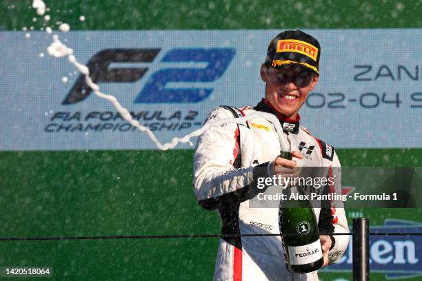 Race winner Marcus Armstrong of New Zealand and Hitech Grand Prix celebrates on the podium during the Round 12:Zandvoort Sprint race of the Formula 2...