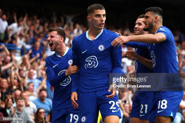 Kai Havertz of Chelsea celebrates after scoring their team's second goal during the Premier League match between Chelsea FC and West Ham United at...