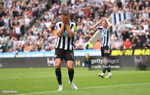 Newcastle player Sven Botman holds his head in despair after a near miss during the Premier League match between Newcastle United and Crystal Palace...