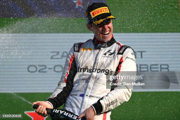 Race winner Marcus Armstrong of New Zealand and Hitech Grand Prix celebrates on the podium during the Round 12:Zandvoort Sprint race of the Formula 2...