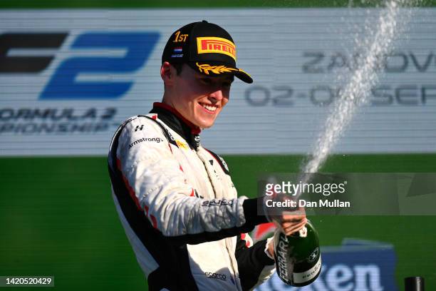 Race winner Marcus Armstrong of New Zealand and Hitech Grand Prix celebrates on the podium during the Round 12:Zandvoort Sprint race of the Formula 2...