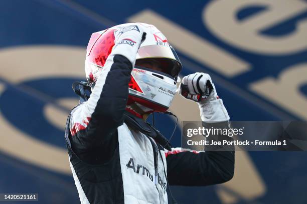 Race winner Marcus Armstrong of New Zealand and Hitech Grand Prix celebrates in parc ferme during the Round 12:Zandvoort Sprint race of the Formula 2...