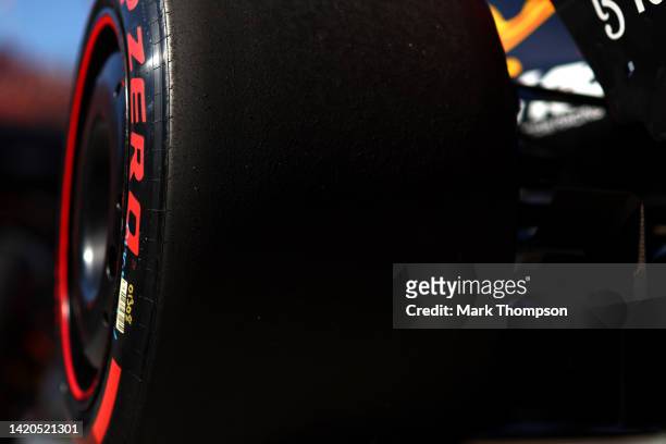 Detailed view of a Pirelli tyre on a Red Bull Racing car in the pitane during qualifying ahead of the F1 Grand Prix of The Netherlands at Circuit...