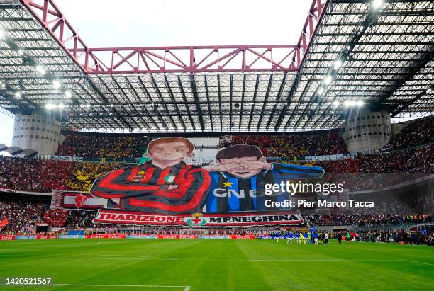 General view inside the Giuseppe Meazza - San Siro stadium during the choreography prior to the Serie A match between AC Milan and FC Internazionale...