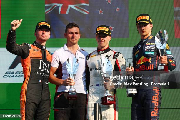 Race winner Marcus Armstrong of New Zealand and Hitech Grand Prix , Second placed Clement Novalak of France and MP Motorsport , Third placed Dennis...
