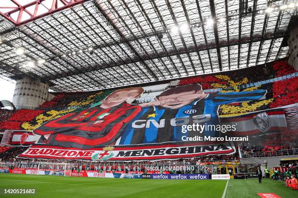 General view as fans raise a TIFO on the inside of the stadium prior to kick off of the Serie A match between AC Milan and FC Internazionale at...