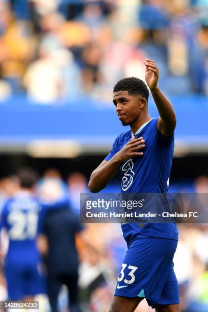Wesley Fofana of Chelsea acknowledges the fans after their sides victory during the Premier League match between Chelsea FC and West Ham United at...