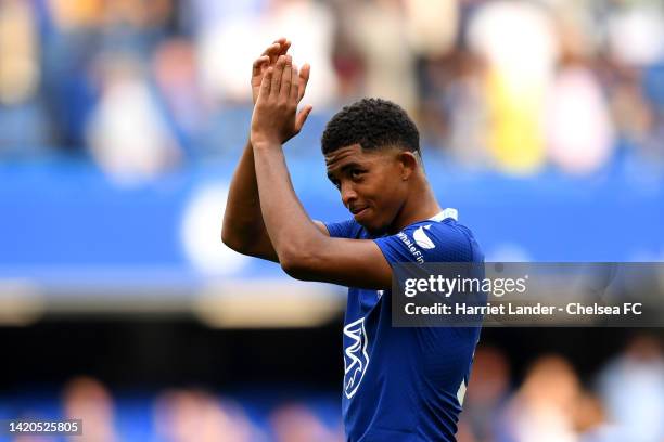 Wesley Fofana of Chelsea acknowledges the fans after their sides victory during the Premier League match between Chelsea FC and West Ham United at...