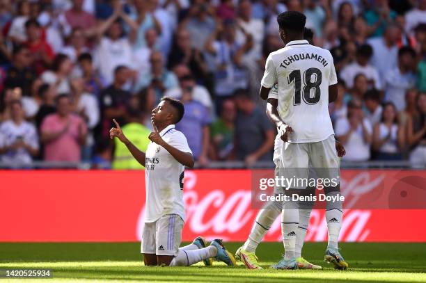 Rodrygo of Real Madrid celebrates after scoring their team's second goal during the LaLiga Santander match between Real Madrid CF and Real Betis at...