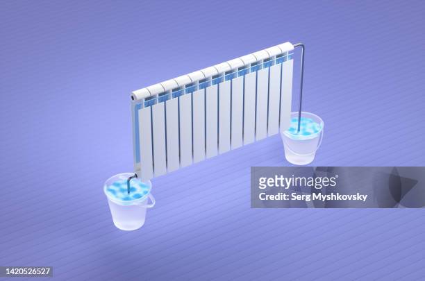 the concept of a heating radiator in two ice buckets of cold water on a purple background. 3d render illustration. - frozen pipes foto e immagini stock