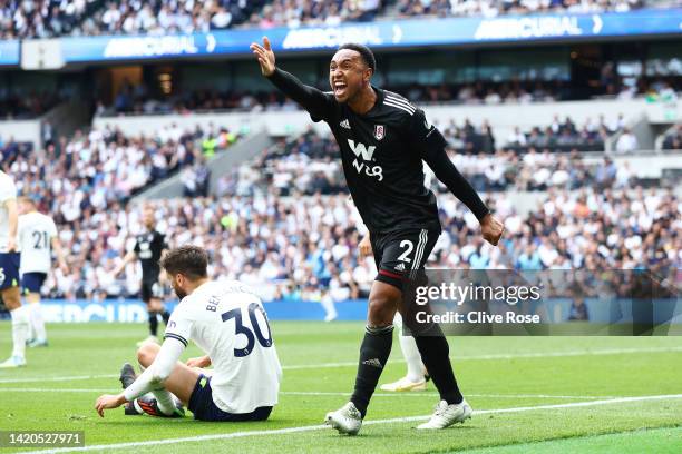 Kenny Tete of Fulham reacts after being tackled by Rodrigo Bentancur of Tottenham Hotspur during the Premier League match between Tottenham Hotspur...