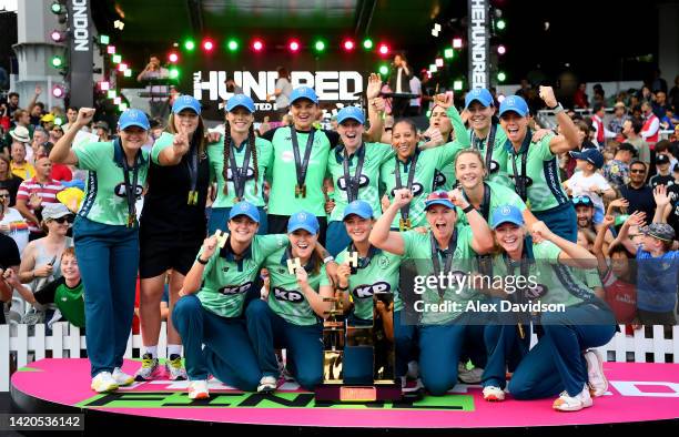 The Oval Invincibles lift the Women's Hundred Trophy after the Hundred Final between Oval Invincibles and Souther Brave at Lord's Cricket Ground on...