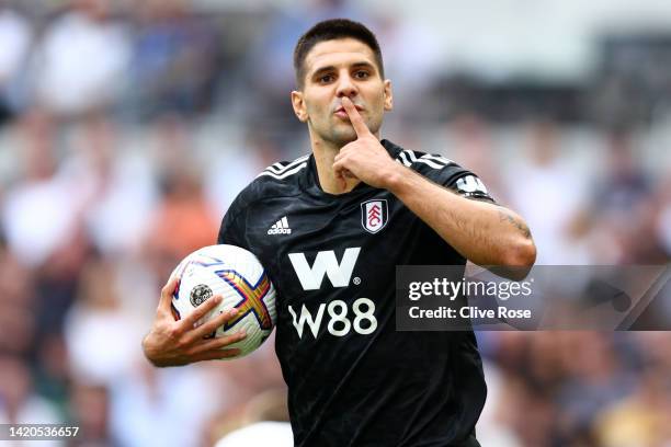 Aleksandar Mitrovic of Fulham celebrates his goal during the Premier League match between Tottenham Hotspur and Fulham FC at Tottenham Hotspur...