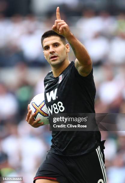 Aleksandar Mitrovic of Fulham celebrates his goal during the Premier League match between Tottenham Hotspur and Fulham FC at Tottenham Hotspur...