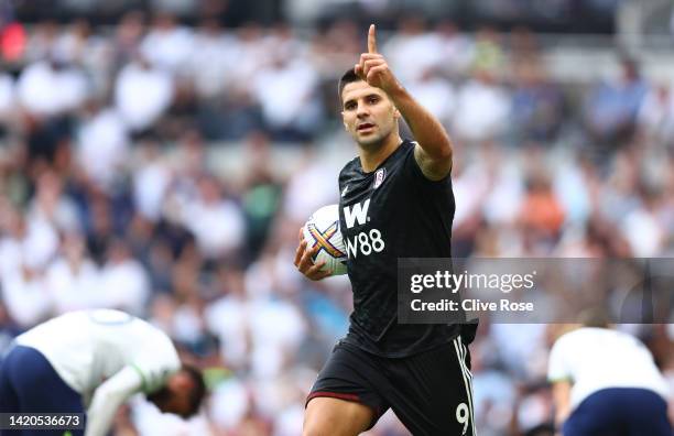 Aleksandar Mitrovic of Fulham celebrates his goal during the Premier League match between Tottenham Hotspur and Fulham FC at Tottenham Hotspur...