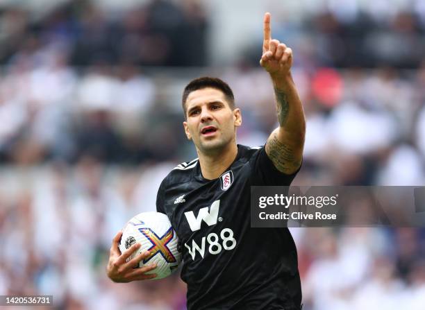 Aleksandar Mitrovic of Fulham celebrates his goal during the Premier League match between Tottenham Hotspur and Fulham FC at Tottenham Hotspur...