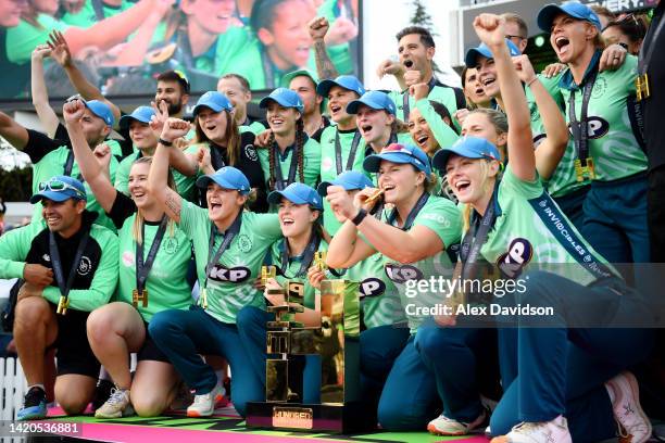 The Oval Invincibles lift the Women's Hundred Trophy after the Hundred Final between Oval Invincibles and Souther Brave at Lord's Cricket Ground on...