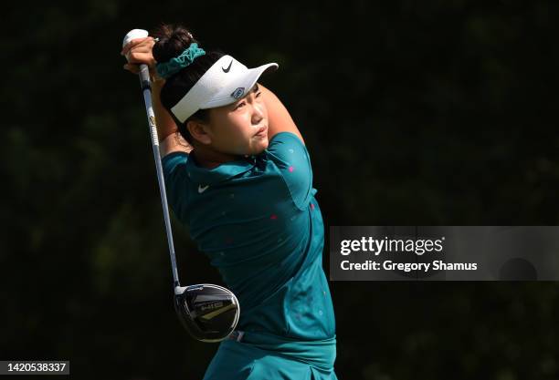 Lucy Li watches her drive on the fifth hole during the third round of the Dana Open presented by Marathon at Highland Meadows Golf Club on September...