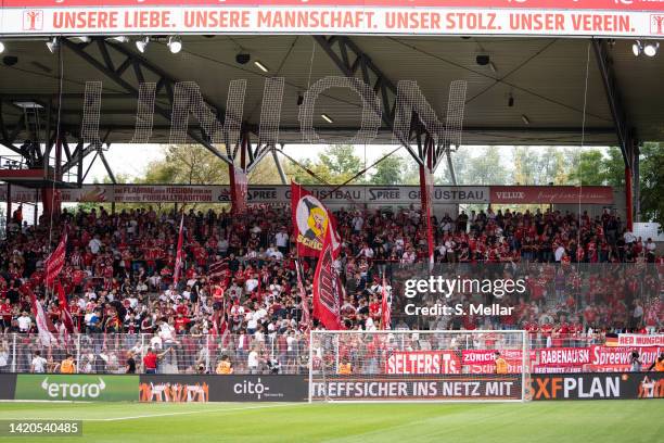 The grandstand before the Bundesliga match between 1. FC Union Berlin and FC Bayern München at Stadion an der alten Försterei on September 03, 2022...