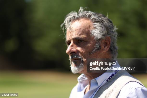 David Feherty is seen on the practice range during Day Two of the LIV Golf Invitational - Boston at The Oaks golf course at The International on...