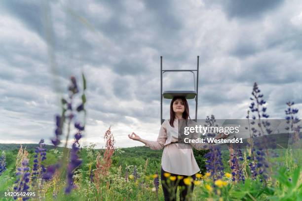 freelancer meditating with chair on head in meadow - portare sulla testa foto e immagini stock