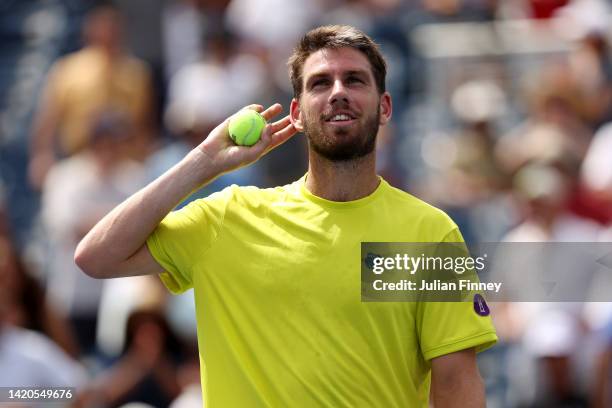 Cameron Norrie of Great Britain celebrates after defeating Holger Rune of Denmark during their Men's Singles Third Round match on Day Six of the 2022...