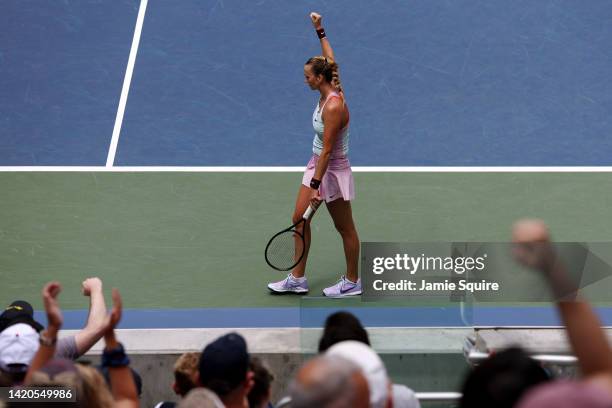 Petra Kvitova of Czech Republic celebrates a point against Garbine Muguruza of Spain during their Women's Singles Third Round match on Day Six of the...