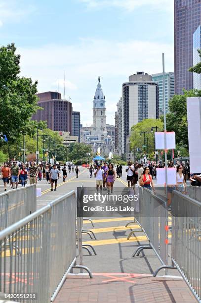 Attendees approach the festival entrance with Philadelphia City Hall in the background during 2022 Made In America at Benjamin Franklin Parkway on...