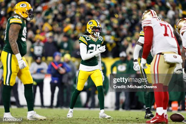 Kevin King of the Green Bay Packers lines up during an NFL divisional playoff football game against the San Francisco 49ers at Lambeau Field on...