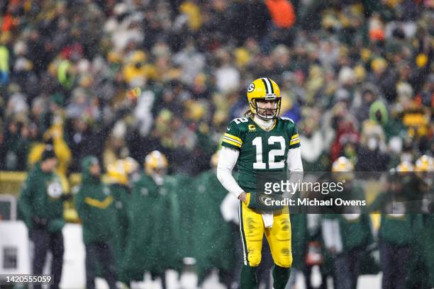 Aaron Rodgers of the Green Bay Packers looks on during an NFL divisional playoff football game against the San Francisco 49ers at Lambeau Field on...