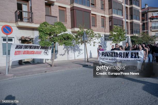 Several people demonstrate during the celebration of the 'Ospa Eguna', September 3 in Altsasu, Navarra, Spain. The Ospa Eguna, Day of Departure,...