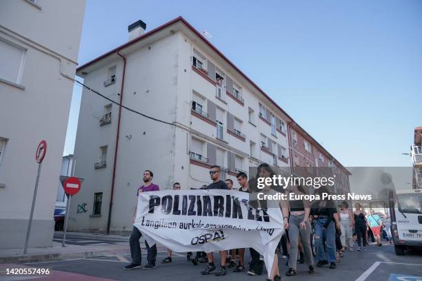 Several people demonstrate during the celebration of the 'Ospa Eguna', September 3 in Altsasu, Navarra, Spain. The Ospa Eguna, Day of Departure,...