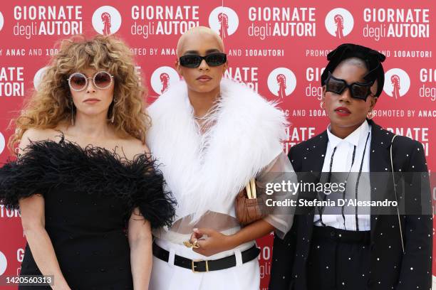 Natasha Lyonne, Kelsey Lu and Janicza Bravo attend the photocall for the Miu Miu Women's Tales at the 79th Venice International Film Festival on...