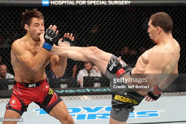 Abus Magomedov of Russia kicks Dustin Stoltzfus in a middleweight fight during the UFC Fight Night event at The Accor Arena on September 03, 2022 in...
