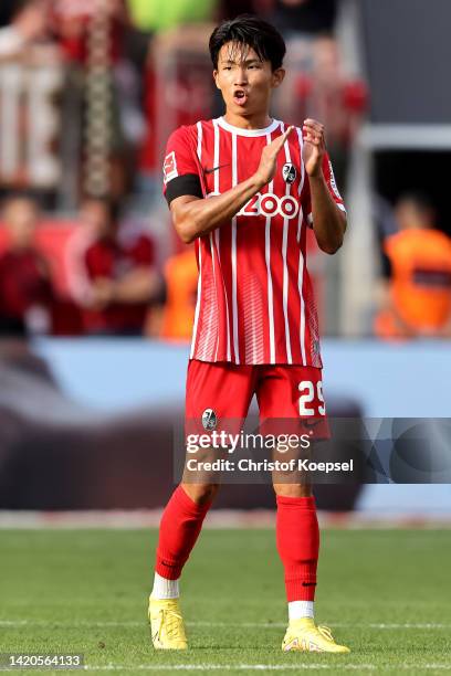 Woo-yeong Jeong of Freiburg reacts during the Bundesliga match between Bayer 04 Leverkusen and Sport-Club Freiburg at BayArena on September 03, 2022...