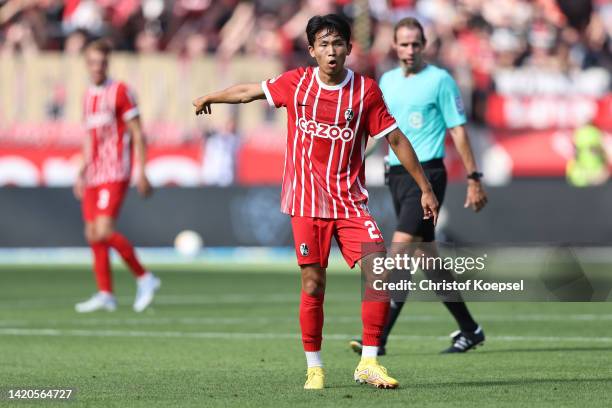 Woo-yeong Jeong of Freiburg looks on during the Bundesliga match between Bayer 04 Leverkusen and Sport-Club Freiburg at BayArena on September 03,...